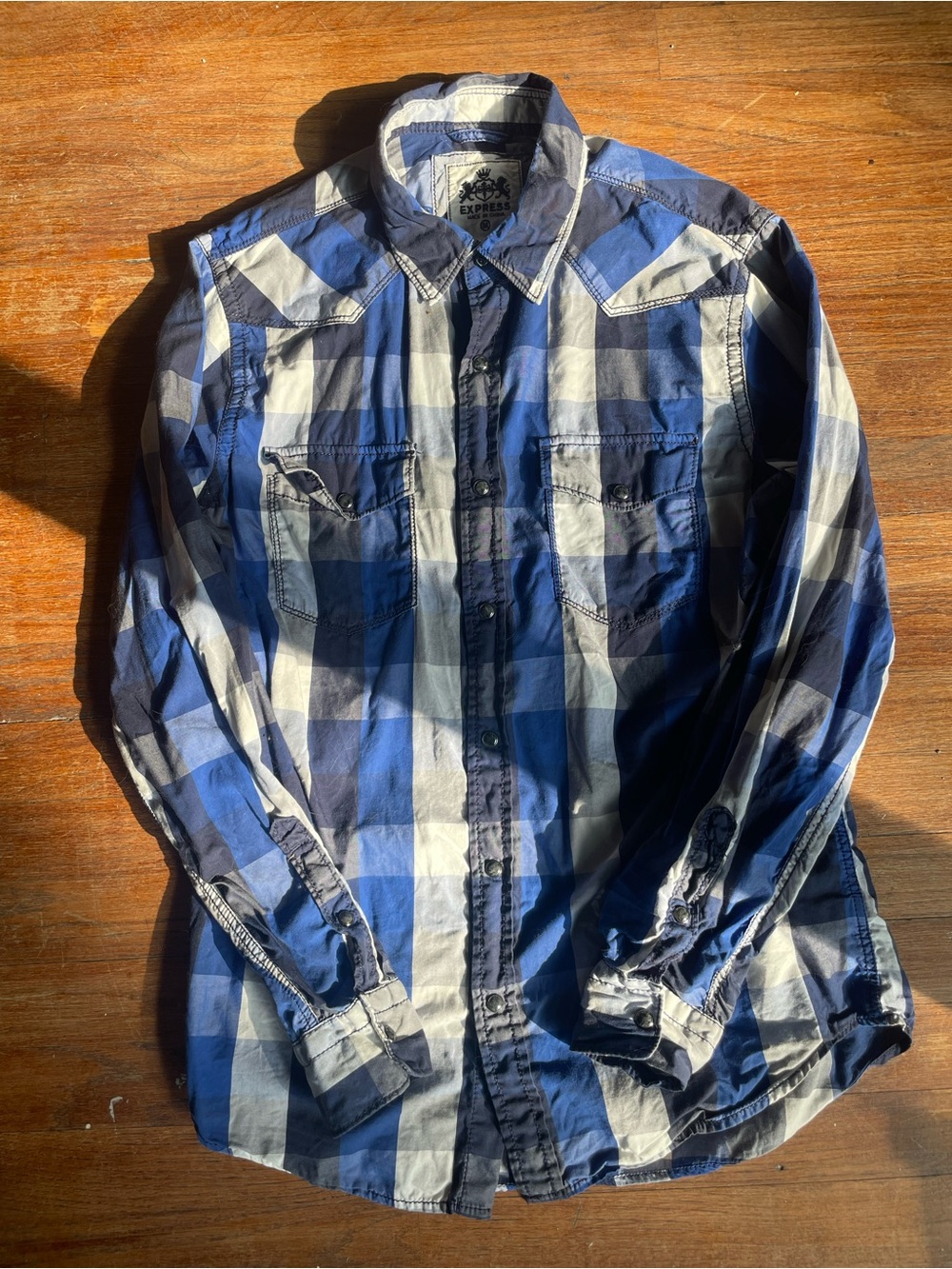 Express Men’s Blue and White Plaid Button-Down Shirt
